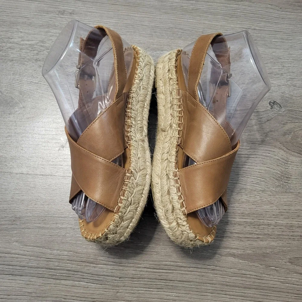 Alohas Tan Leather Crossed Platform Espadrille Sandals Brown Womens US 6 EU 36